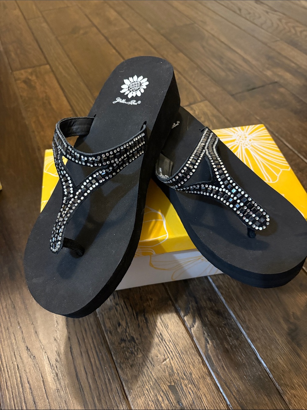 Yellow Box Black Jeweled Wedge Sandals
